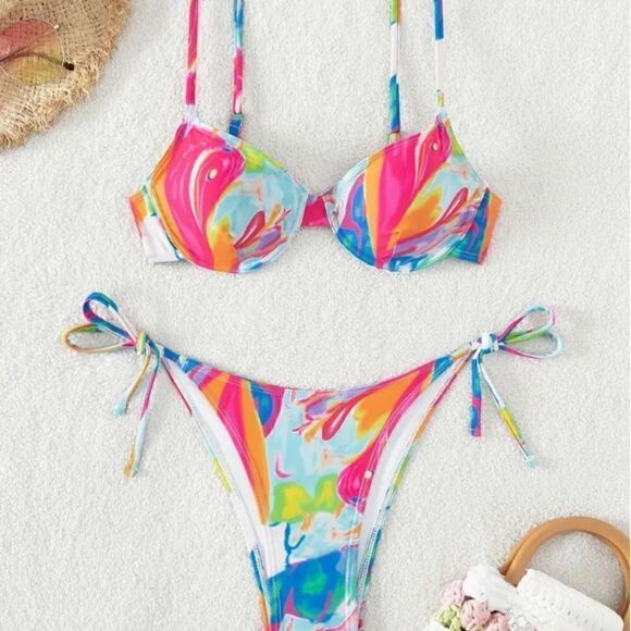 NEW! Cute Rainbow Tie Dye Swirled Pattern String Bikini Beach Vacay Resort - Picture 1 of 5